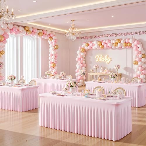 Suppromo 2 Pack Pink Spandex Tablecths 6ft for Rectangle Tables Pink Rectangle Tablecloths Stretch Fitted Table Cover with Skirt for Baby Shower Girl Birthday Party Wedding Banquet Buffet - Image 4