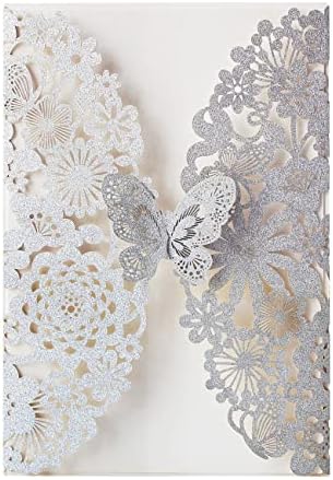 Hosmsua 5.12 x 7.3'' 50PCS Silver Laser Cut Butterfly Quinceanera Invitation Cards Lace Flora Weddding Invitations with Envelopes for Quinceañera Wedding Bridal Shower Invite (Silver Glitter) by Hosmsua