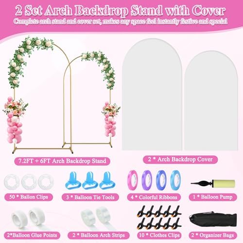 Jupwalz Arch Backdrop Stand and Cover Set, Metal Arch Stand with Rich Balloon Tool for Wedding Birthday Baby Shower Graduation Event Balloon Flowers Decor, Easy to Assemble (7.2FT & 6FT, White) - Image 2