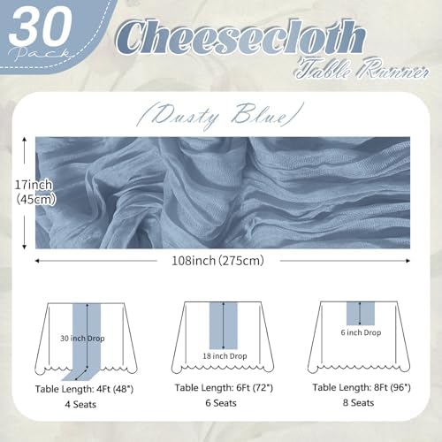 30 Pack Dusty Blue Cheesecloth Table Runner 17 x 108 inch Cheese Cloth Table Runners 9ft Blue Table Runner Rustic Romantic Sheer Gauze Runner for Wedding Party Baby Shower Table Decoration - Image 2