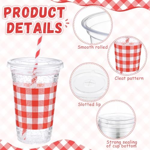 Funnymoom 50 Sets 20 oz Red Gingham Plastic Cups with Lids and Paper Straws - Image 3