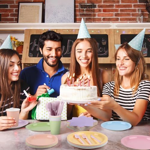 Kochorie 216 Pcs Pastel Rainbow Party Supplies Set, Disposable Macaron Paper Tableware Set 7 Inch & 9 Inch Plates Cups Napkins Cutlery for Birthday Baby Shower Pastel Party Decorations, Serve 24 - Image 6