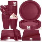 200pcs Burgundy Plastic Plates Party Supplies, Disposable Maroon Plates and Napkins, 9" Dinner Plates, Napkins, Cups & Cutlery Plastic Dinnerware Set for Birthday, Wedding, Christmas, Serves 50 Guests by UseOnceDoneRight