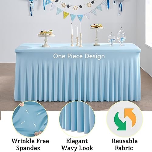 4 Pack Spandex Baby Blue Tablecloth for 8 Foot Rectangle Tables, Wrinkle Free Fitted Table Cloth 8ft Stretchy Light Blue Tablecover Desk Skirt for Birthday Party Wedding Banquet Baby Shower - Image 4