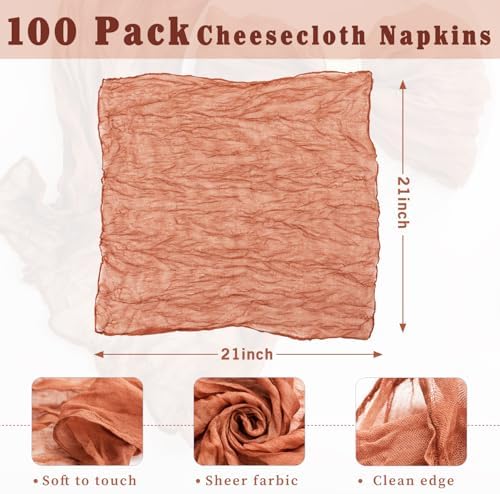 100 Pack Terracotta Cheesecloth Napkins 21x21 Inches Terracotta Cloth Napkins Washable Set of 100 Dinner Table Napkins for Wedding Bridal Baby Shower Rustic Boho Cotton Gauze Summer Party Table Decor - Image 3