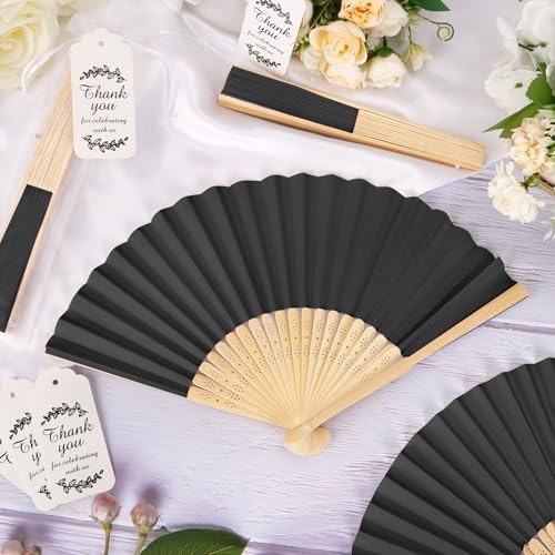 50Set Wedding Hand Fans Party Favors Black Paper Folding Handheld Fans Bulk, DIY Bamboo Fans with Thank Tag Organza Bag for Summer Guests Bridal Dancing Props Church Decoation - Image 4