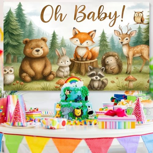 Oh Baby Woodland Baby Shower Backdrop - 10x8ft Gender Neutral Forest Animal Background for Boys Girls, Rustic Baby Shower Party Decorations, Watercolor Animal Banner for Wall Decor - Image 2