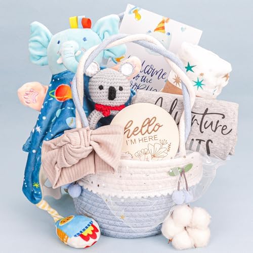 Baby Boy Gifts Basket,Baby Shower Gifts for Boys,New Born Baby Boys Gift,Gender Reveal Gifts,Unique Baby Gift Essential Stuff,Rattle Swaddle Blanket Baby Boys Gifts by PENGTAI