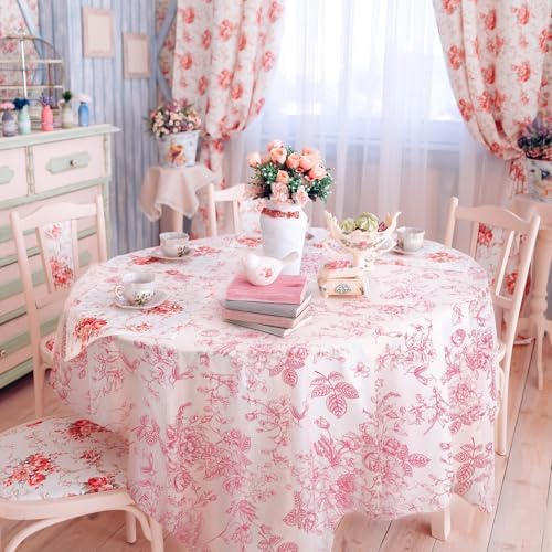 Ganeen 12 Pcs Pink Floral Plastic Tablecloth 84 Inch Round Tea Party Tablecloth Vintage Flower Disposable Pink and White Table Covers Waterproof for Birthday Wedding Baby Shower Decoration - Image 3