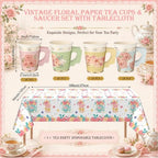 Yungyan 289 Pcs 72 Set Floral Tea Party Supplies, Tea Party Plates and Napkins Set with Tablecloth, Disposable Handle Teacups and Saucers for Birthday Wedding Bridal Shower Decorations (Sweet Style) - Image 3