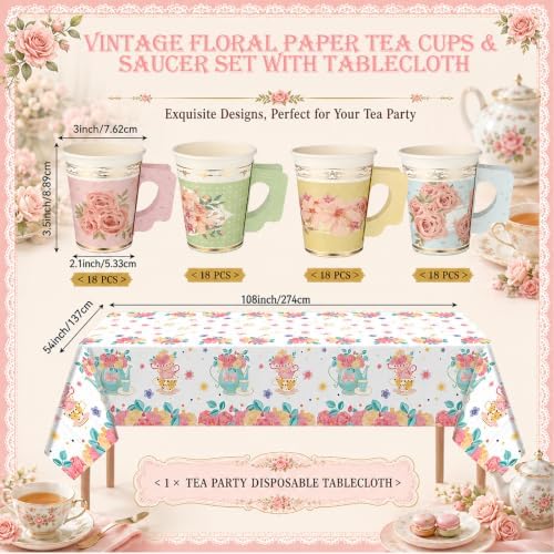 Yungyan 289 Pcs 72 Set Floral Tea Party Supplies, Tea Party Plates and Napkins Set with Tablecloth, Disposable Handle Teacups and Saucers for Birthday Wedding Bridal Shower Decorations (Sweet Style) - Image 3