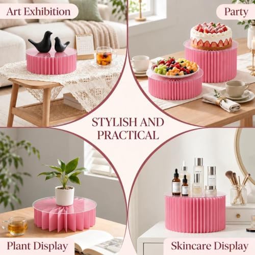 iobiotio Foldable Cake Stand Set, Reusable Buffet Risers, 4 Pack Round Dessert Stands with Acrylic Tops, Cardborad Display Stands for Weddings, Birthdays, Baby Showers, Parties, Home Decor, Pink - Image 4