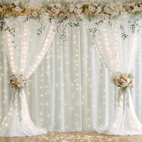 20x10ft Cream White Chiffon Backdrop Curtain with Lights String for Wedding Sheer Tulle Curtain Photo Backdrops Drapes for Baby Shower Birthday Party Ceremony Decorations by Shillance