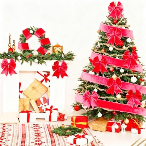 Meseey 4 Inch Wide Hot Pink Velvet Wired Ribbon, 20 Yards Velvet Ribbon with Wire Edge for Christmas Tree, Wreaths, Gift Wrapping, Bows, Crafts and Holiday Decorations - Image 3