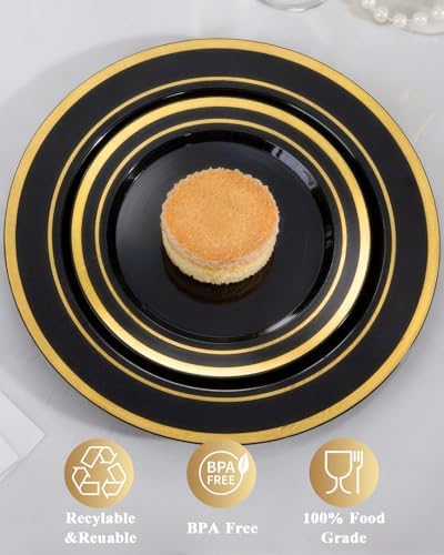 Goodluck 200 PCS Black Plastic Plates with Gold Rim, Heavy Duty Disposable Black Plates with 100 10.25 inch Dinner Plates and 100 7.5 inch Dessert Plates for Party, Holiday, Wedding - Image 5