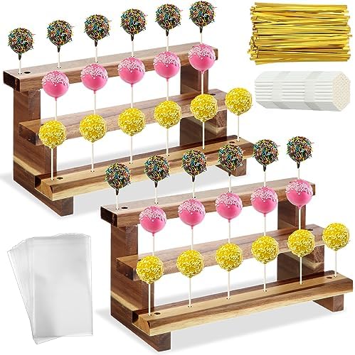 Tuanse 2 Pack Wooden Cake Pop Stand 3 Tier Cake Pop & Lollipop Display Holder with 100 Treat Bags Lollipop Sticks and Gold Twist Ties for Dessert Table Wedding Baby Shower Birthday Party(Acacia Wood) by Tuanse
