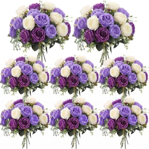 Geosar 8 Bundles Artificial Peonies Flowers,Mixed Purple, White by Geosar
