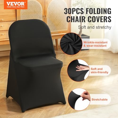 VEVOR Elastic Spandex Folding Chair Cover Universal Fit Chair Cover Removable Washable Protective Sofa Cover for Weddings, Festivals, Banquets, Parties, Celebrations, Dinners (Black-c, 30PCS) - Image 2