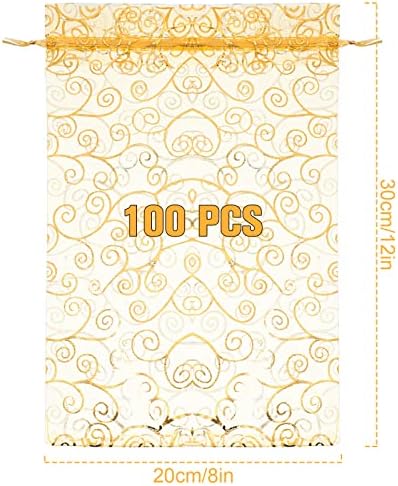 Kigeli 100 Pcs 8x12'' Large Organza Bag Drawstring Gift Pouch, Gold, Vine - Image 2