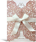 20PCS 5.12 x 7.28'' Laser Cut Wedding Invitations Cards with Envelopes Hollow Rose Pocket with Bowknot Invitation for Bridal Shower Wedding Invite (Rose Gold Glitter) by KUCHYNEE