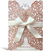 50PCS 5.12 x 7.28'' Personalized Laser Cut Hollow Rose Flower Wedding Invitations with Envelopes & Bowknot Invitation for Wedding Quinceanera Invite (Rose Gold Glitter) by KUCHYNEE