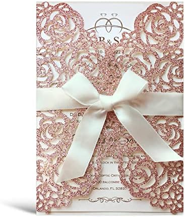 50PCS 5.12 x 7.28'' Personalized Laser Cut Hollow Rose Flower Wedding Invitations with Envelopes & Bowknot Invitation for Wedding Quinceanera Invite (Rose Gold Glitter) by KUCHYNEE