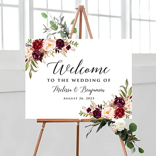 Personalized Horizontal Burgundy Red Pink Floral Wedding Welcome Sign, Customized Rehearsal Dinner Couples Shower Anniversary Party Welcome Poster Board Canvas by BlissfulMelodyDesign