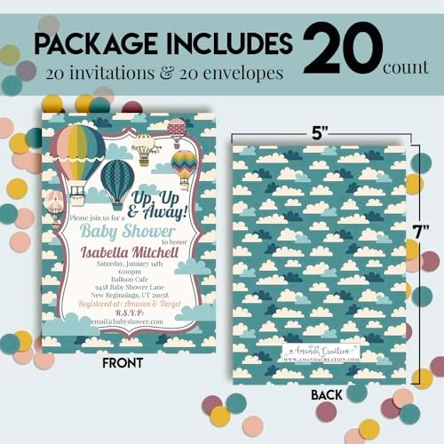 Custom Baby Shower Invites Hot Air Balloon Invitations for Boys or Girls, Pack of 20 5x7 Personalized Up Up and Away Invites with Envelopes - Unique Up & Away Baby Shower Cards by AmandaCreation - Image 4