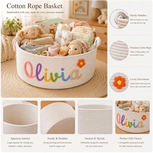 Large Personalized Baby Basket - Custom Name Cotton Rope Diaper Storage Organizer, Decorative Woven Nursery Hamper, Infant Gift For Boys Girls(M:35X13X19CM) - Image 5
