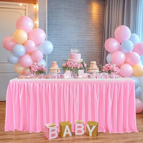 17ft Pink Table Skirt for Rectangle Table Ruffle Table Skirts Desk Skirts Tablecloth Polyester Pleated Fabric Table Skirts Bridal Shower Banquet Wedding Party Table Skirts - Image 2