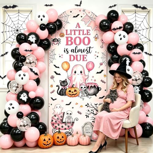 Pink Halloween Baby Shower Party Decoration Set, 6 Ft A Little Boo is Almost Due Stretchy Arch Backdrop Covers with Bat Stickers Balloon Garland Kit for Baby Shower Birthday Party Decor - Image 4