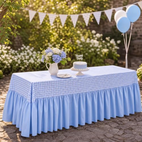 Blue Gingham Tablecloth Plaid Ruffled Table Skirt, 132 x 90'' by Unknown