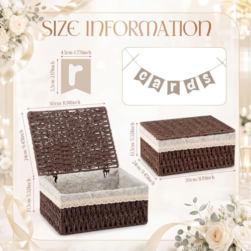 Gerrii Wedding Party Decoration 12 x 9.4 x 5.3 in Large Wicker Storage Basket with Lid Wedding Card Box and Card Banner Set Money Envelope Box Gift for Baby Shower Favor Supplies(Coffee) - Image 4