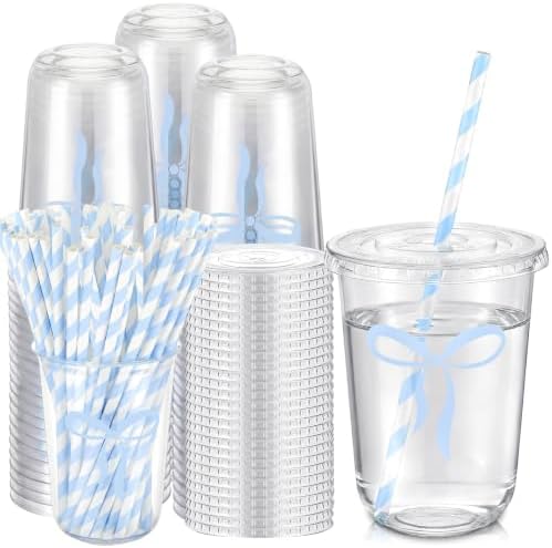 LemonRoad 100sets 16oz Blue Bow Cups Blue Birthday Party Decorations Supplies Cute Plastic Cups Disposable with Lids and Straws, for Valentines Galentines Day Christmas Wedding Baby Shower Decorations by Unknown