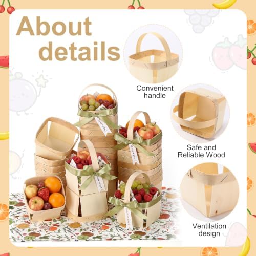 30 Pack Fruit Baskets Wood Small Picnic Berry Basket with Handle Mini Baskets for Gifts Sage Green Farmers Display Basket with Ribbon and Napkins for Camping (Fruit) - Image 3