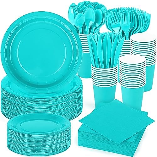 durony 350 Pieces Teal Blue Party Supplies Teal Blue Dinnerware Set Paper Plates Cup Napkins Serve 50 Guests for Birthday Wedding Baby Shower Party Family Picnic by durony