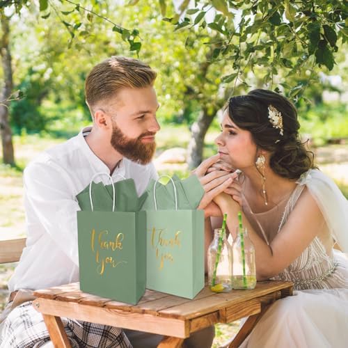 Whaline 30Pcs Sage Green Thank You Paper Gift Bags 6.3 x 3.1 x 8.7 inch 3 Colors Gold Foil Thank You Party Favor Bag with Handle 40 Sheet Tissue Paper for Wedding Birthday One Lucky Duck Gift Wrapping - Image 7
