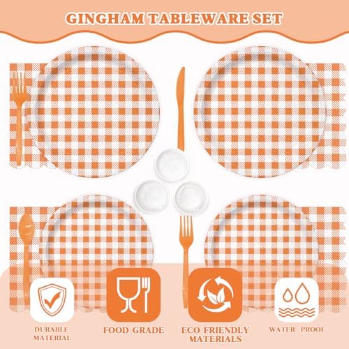 Vyntra 350-Pc Orange Gingham Paper Plates and Napkins Party Supplies - Image 5