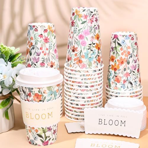 Whaline 50 Pcs Spring Wildflower Disposable Coffee Cups with Lids and Sleeves Watercolor Spring Floral Bloom Paper Drinking Cups for Birthday Wedding Baby Shower Supplies - Image 4
