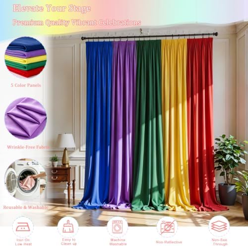 10x7FT Rainbow Backdrop Curtain - 5 Colors Colorful Curtains Backdrop - Wrinkle Free Reusable Rainbow Backdrop Draping Fabric for Baby Shower, Party, Classroom, Back-to-School & Kids Birthday - Image 3