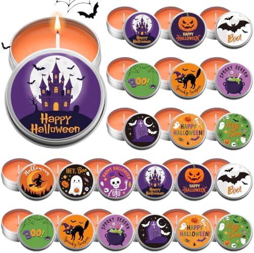Treela 24 Pcs Halloween Pumpkin Scented Tin Candles Cinnamon Spice Fall Mini Soy Candles in Round Metal Tins, 5x2cm Small Halloween Candle Favors for Party Decorations by Treela