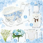 2 Pack Baby Carriage for Baby Shower Centerpiece Table with Wicker Stroller Bottle Bear Cards Rattan Artificial Rose Hydrangea Baby's Breath Floral Card Holder Decoration(Blue，16pcs) - Image 3