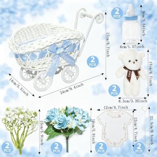 2 Pack Baby Carriage for Baby Shower Centerpiece Table with Wicker Stroller Bottle Bear Cards Rattan Artificial Rose Hydrangea Baby's Breath Floral Card Holder Decoration(Blue，16pcs) - Image 3