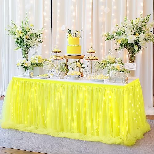 PARTISKY Yellow Tulle Tutu Table Skirt for Rectangle Tables or Round Table,Led Light String Table Cloth for Wedding Baby Shower Birthday Party Dessert/Cake Tables - Image 3