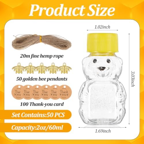 50 Pack 2 oz Honey Bear Bottles with Gold Bee Pendants & Thank You Cards - Mini Plastic Bear Jars with Lids, Leak-Proof Empty Containers for Honey, Jam, Baby Shower, Wedding Favors - Image 2