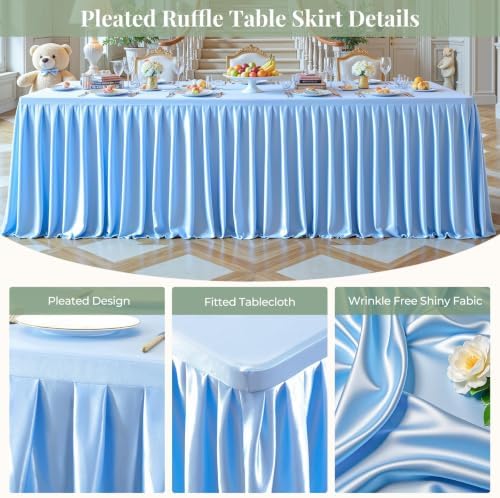 6 Packs Blue Satin Tablecloths Rectangle 8FT,Glitter Spandex Fitted Stretch Table Covers Wrinkle-Resistant Floor Length Shimmer Pleated Table Skirt for Wedding Parties Baby Shower Banquets - Image 2