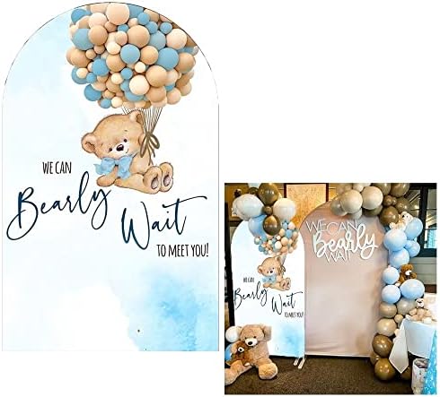 Teddy Bear Arch Backdrop 3x6.5ft We Can Bearly Wait to Meet You Arched Wall Covers Stretchy Background for Party Decorations Blue Baby Shower Decor Props NO-77 by Aerdce