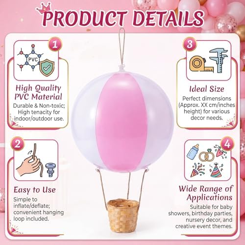 12 Sets 12" Hanging Hot Air Balloon Decortion, Pink - Image 4