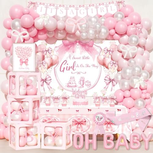 Party Inspo Pink Bow Baby Shower Decorations - 132 PCs Coquette Baby Shower Supplies with Balloon Garland, Backdrop, Cake Topper, Tablecloth, Boxes, Badge, Sash for Girls Pink Themed Party by Unknown