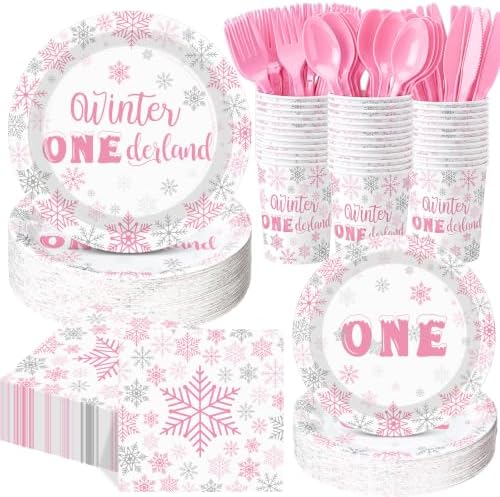 Pickmesh 400 Pcs Pink Winter Onederland Birthday Plates Cups and Napkins by Pickmesh